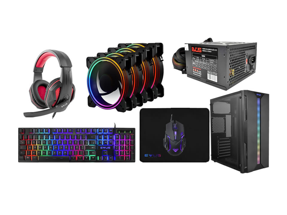 Kit Barebone EVUS EV-G13 (Gabinete + Fonte 500W + Mouse + Teclado + Mousepad + Headset + 4 Fans)