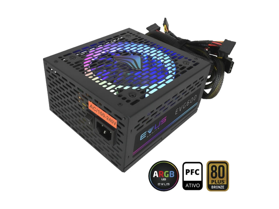 Fonte ATX EVUS 600W [EVG600 ARGB] PFC Ativo / 80 Plus Bronze c/ Cabo de Força