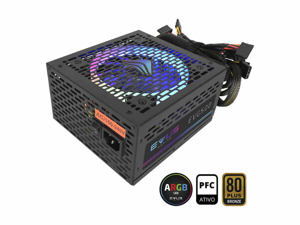 Fonte ATX EVUS 500W [EVG500 ARGB] PFC Ativo / 80 Plus Bronze c/ Cabo de Força