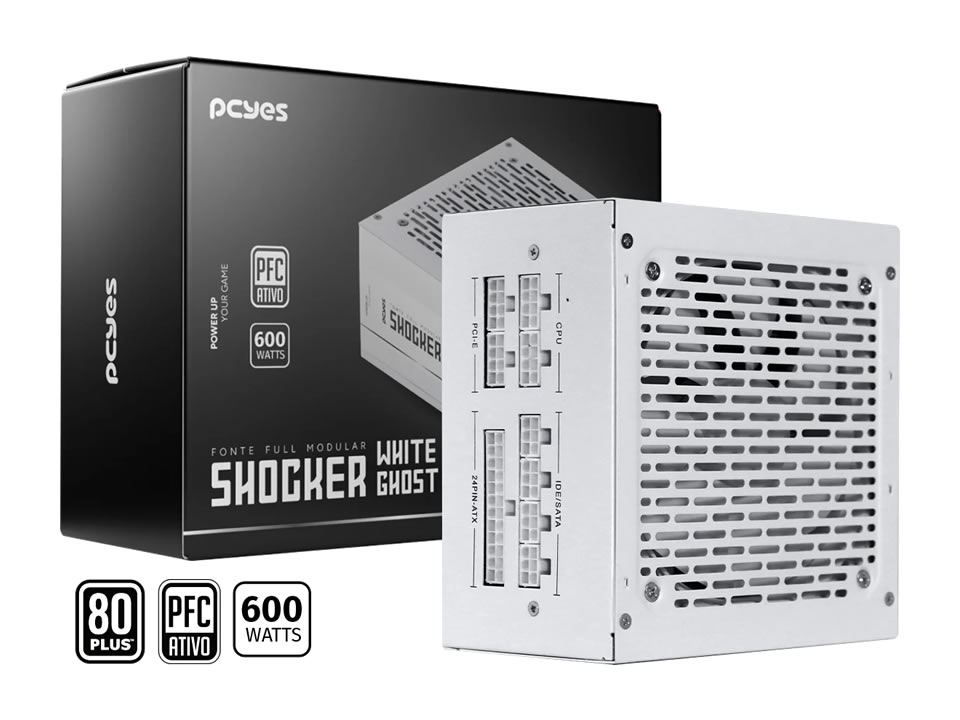 Fonte ATX PCYES Shocker White Ghost 600W [FM600WWG] PFC Ativo / Modular / 80 Plus